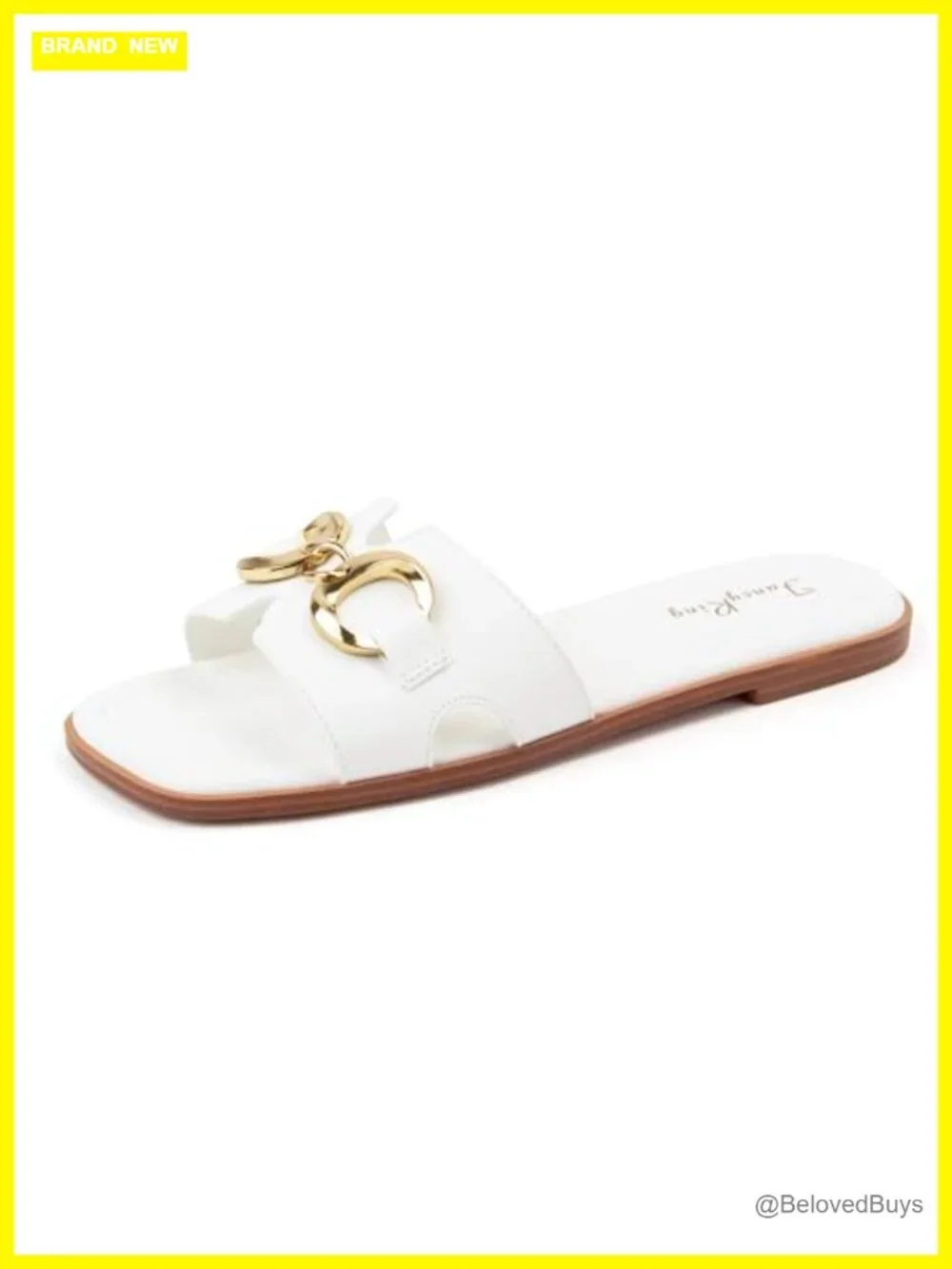 Women's Faux Leather Square Toe Flat Sandals with Metal Chain Slip On Dressy